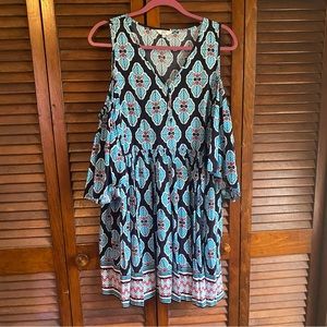 Blue patterned ruffle sleeve dress